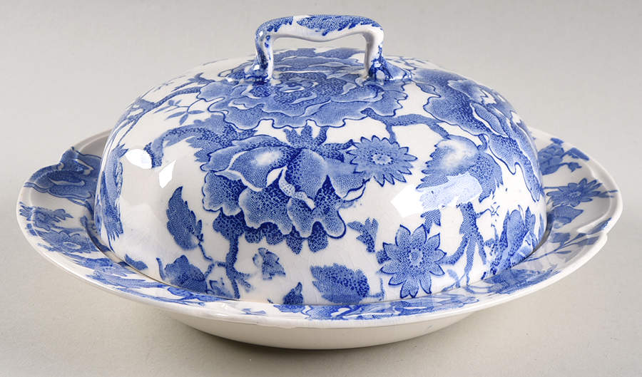 English Chippendale Blue Round Covered Butter by Johnson Brothers-1