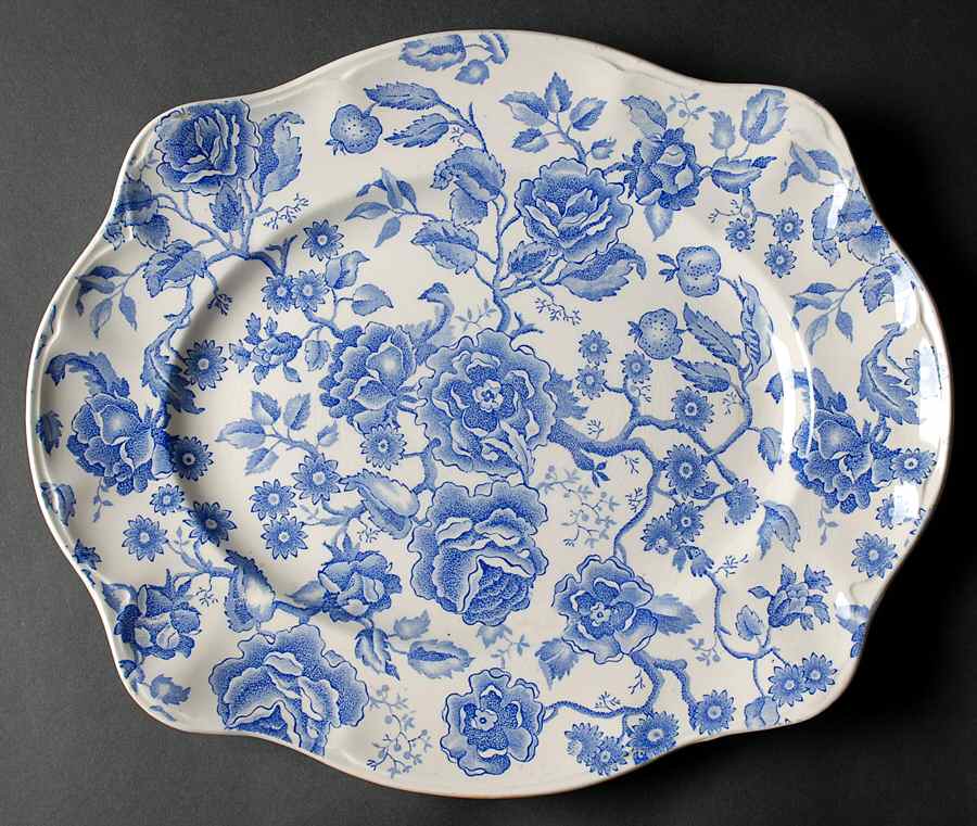 English Chippendale Blue 15" Oval Serving Platter by Johnson Brothers-1