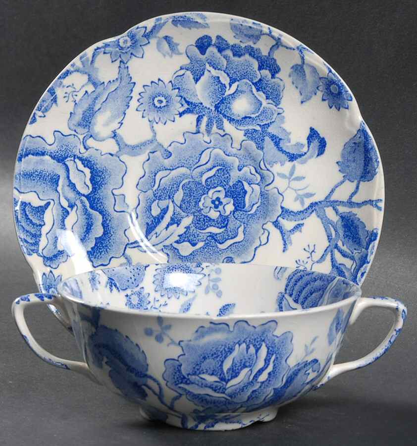 English Chippendale Blue Flat Cream Soup Bowl & Saucer Set by Johnson Brothers-1