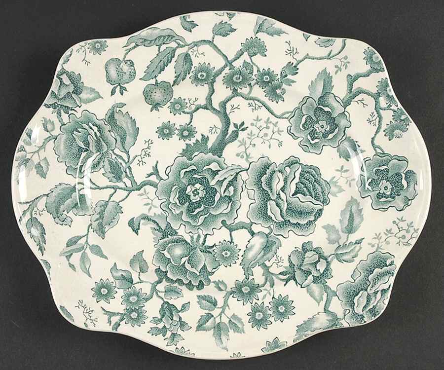 English Chippendale Green 12" Oval Serving Platter by Johnson Brothers-1