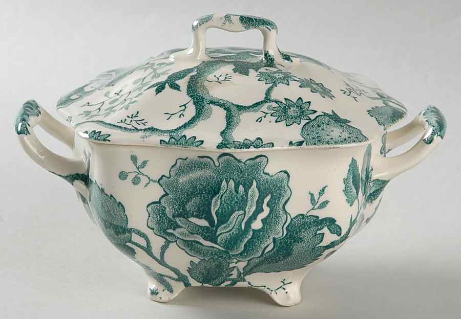 English Chippendale Green Sugar Bowl & Lid by Johnson Brothers-1
