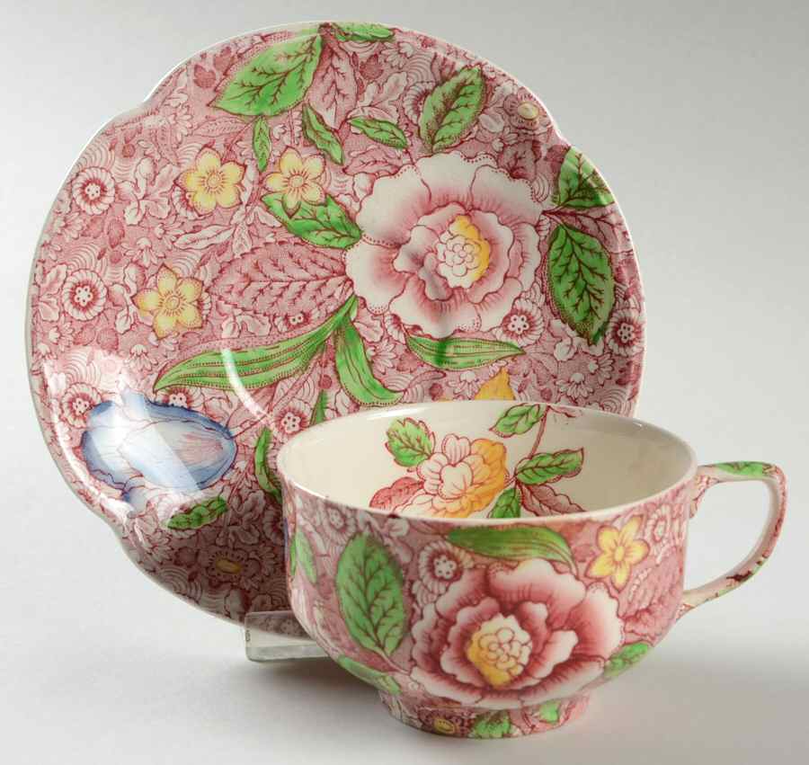 English Countryside Pink Multicolor Flat Cup & Saucer Set by Johnson Brothers-1