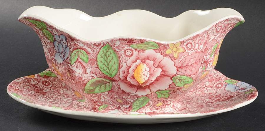 English Countryside Pink Multicolor Gravy Boat with Attached Underplate by Johnson Brothers-1