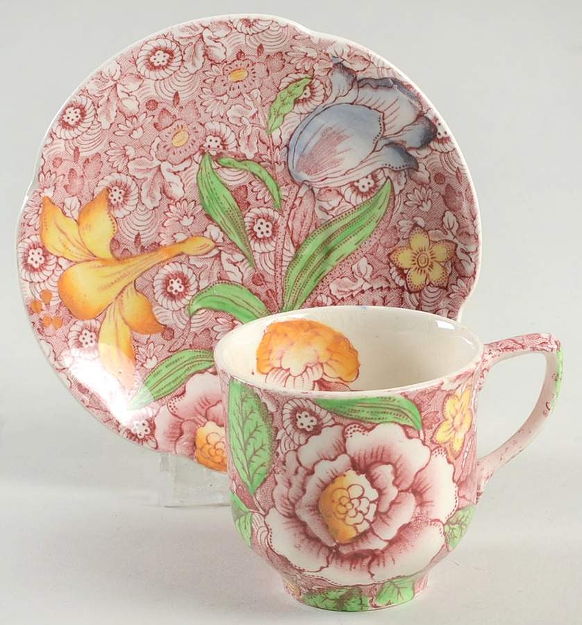 English Countryside Pink Multicolor Flat Demitasse Cup & Saucer Set by Johnson Brothers-1