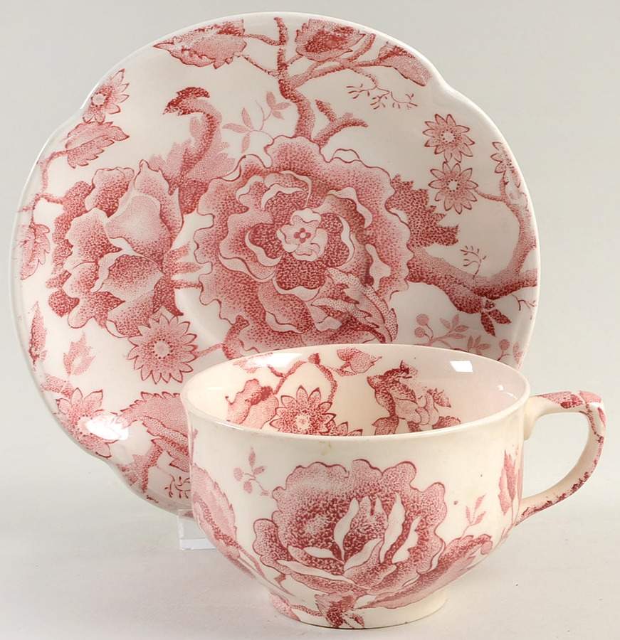English Chippendale Red Pink Flat Cup & Saucer Set by Johnson Brothers-1