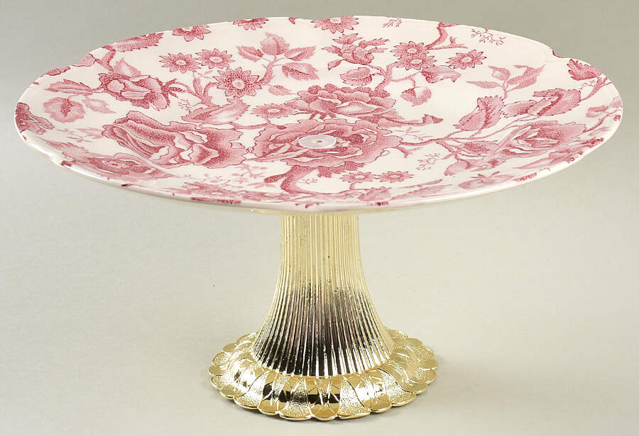 English Chippendale Red Pink Cake Stand with 4"-5" Metal Pedestal  Hc by Johnson Brothers-1