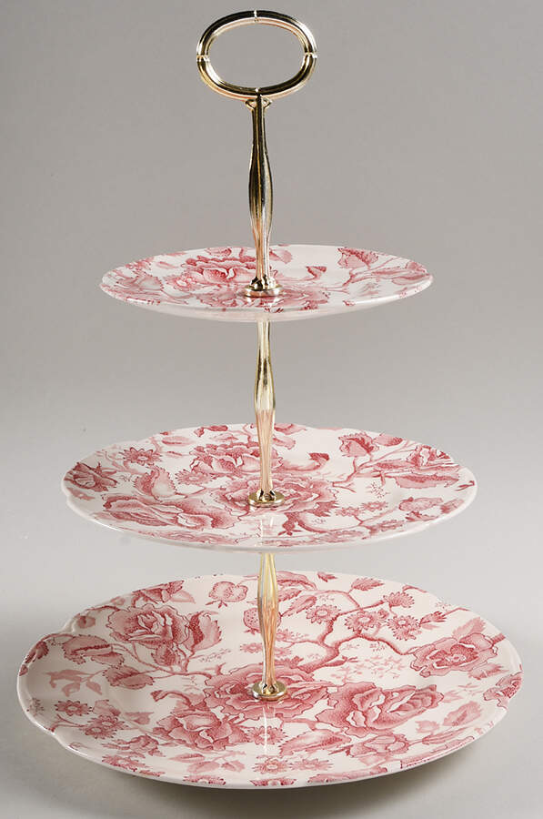 English Chippendale Red Pink 13 7/8"-14 1/4" 3-Tiered Serving Tray(DP,SP,BB) HC by Johnson Brothers-1
