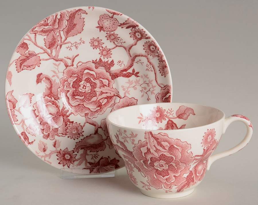 English Chippendale Red Pink Oversized Cup & Saucer Set by Johnson Brothers-1