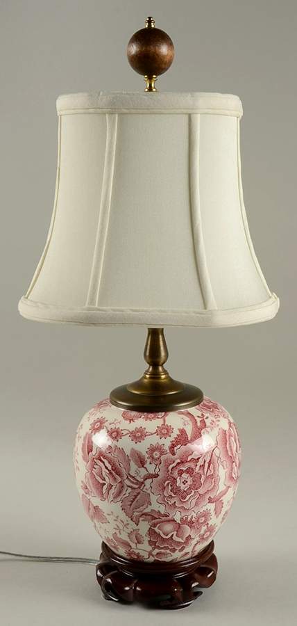 English Chippendale Red Pink 16" Lamp Electric & Shade by Johnson Brothers-1