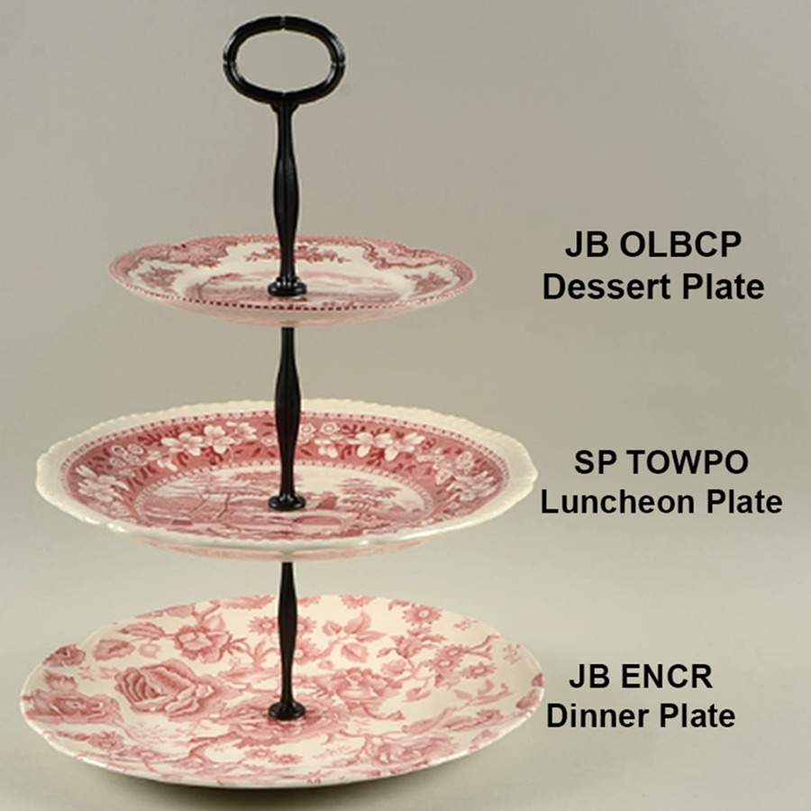 English Chippendale Red Pink Mixed/Match 3 Tier Serving Tray by Johnson Brothers-1