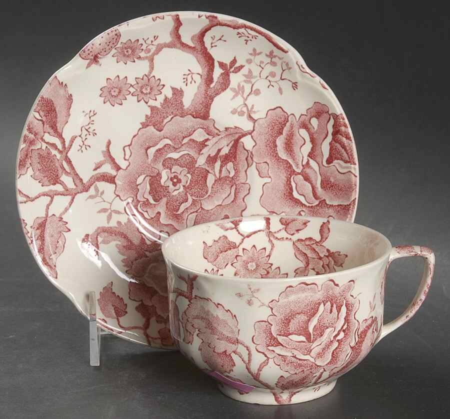 English Chippendale Red Pink Oversized Cup & Saucer Set by Johnson Brothers-1