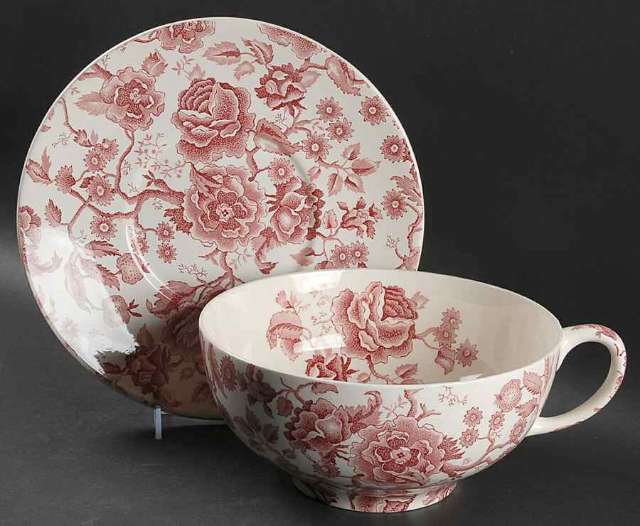 English Chippendale Red Pink Colossal Cup & Saucer Set by Johnson Brothers-1