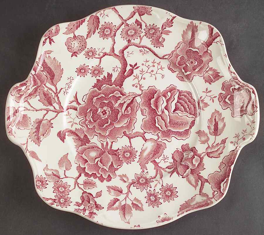 English Chippendale Red Pink Square Handled Cake Plate by Johnson Brothers-1