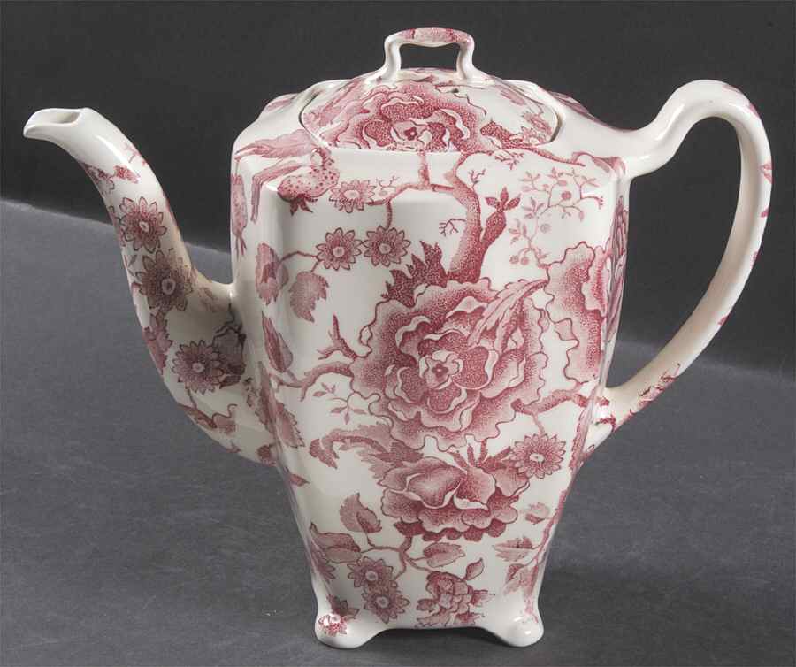 English Chippendale Red Pink Coffee Pot & Lid by Johnson Brothers-1