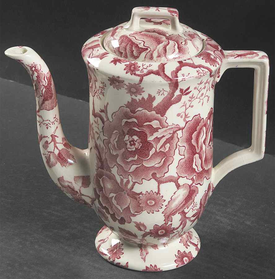 English Chippendale Red Pink Coffee Pot & Lid by Johnson Brothers-1