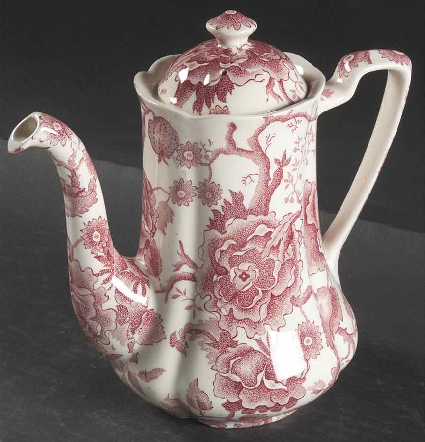 English Chippendale Red Pink Coffee Pot & Lid by Johnson Brothers-1