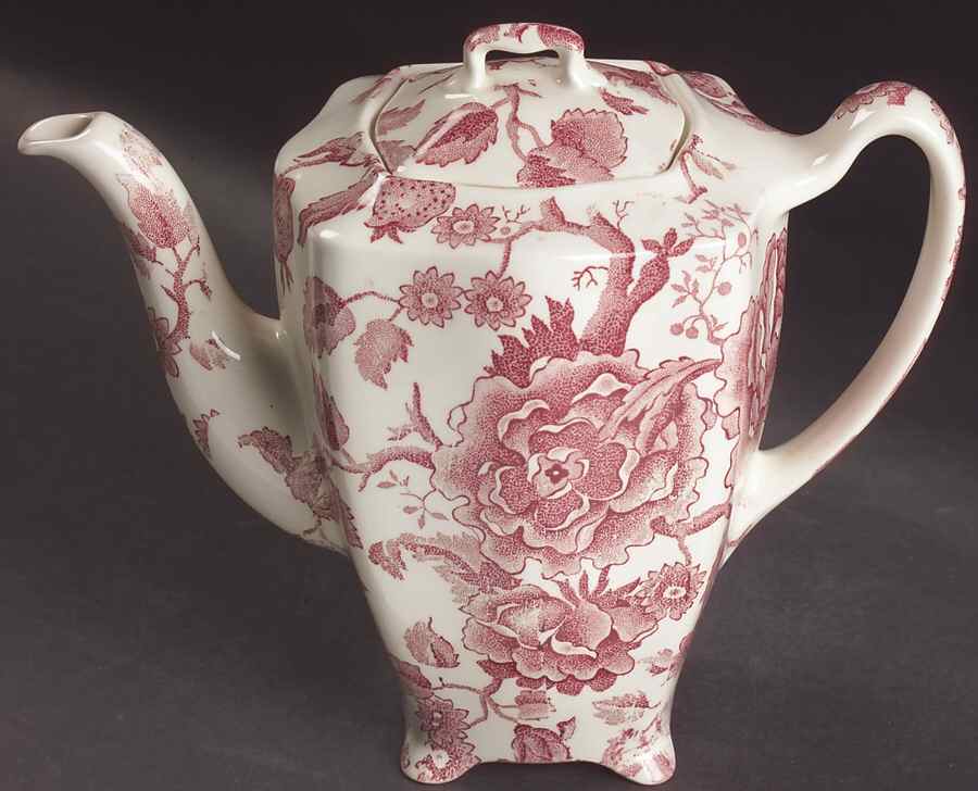 English Chippendale Red Pink Coffee Pot & Lid by Johnson Brothers-1
