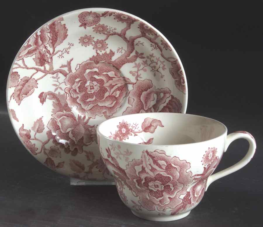 English Chippendale Red Pink Oversized Cup & Saucer Set by Johnson Brothers-1
