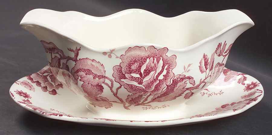 English Chippendale Red Pink Gravy Boat with Attached Underplate by Johnson Brothers-1