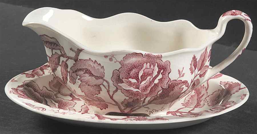 English Chippendale Red Pink Gravy Boat & Underplate/Relish by Johnson Brothers-1