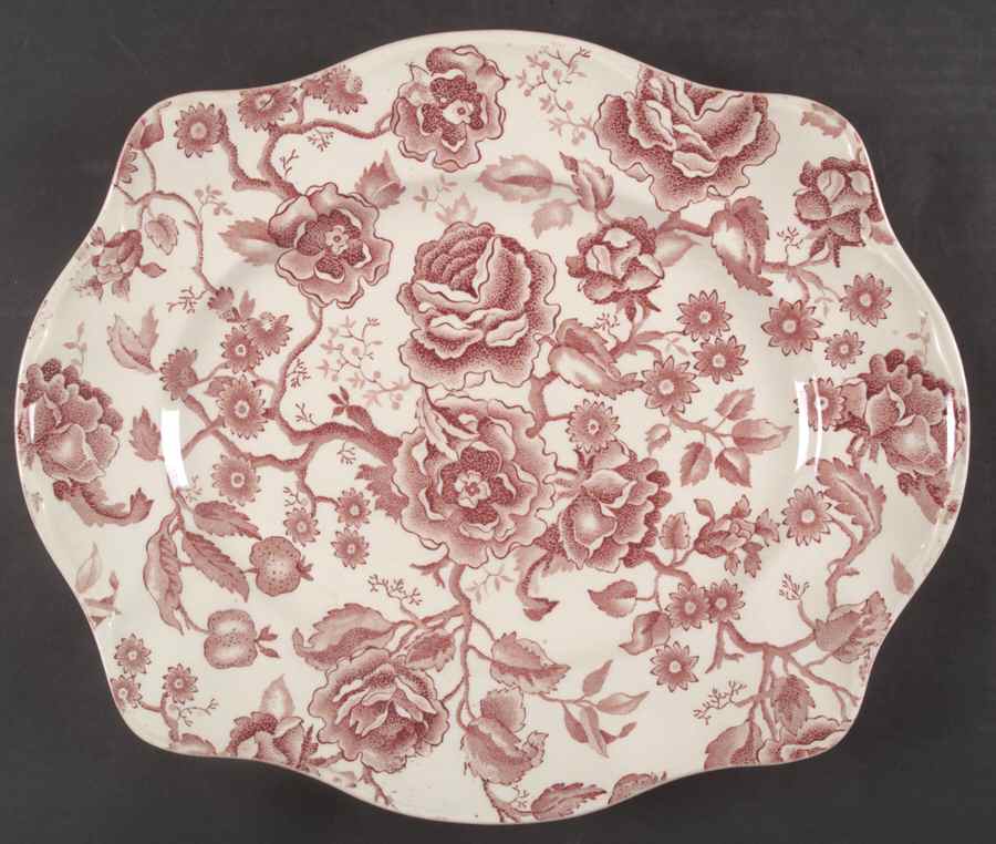 English Chippendale Red Pink 13" Oval Serving Platter by Johnson Brothers-1
