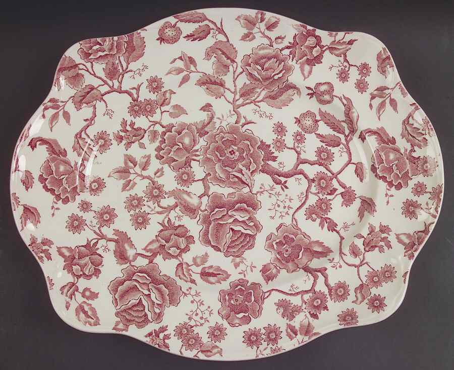 English Chippendale Red Pink 15" Oval Serving Platter by Johnson Brothers-1