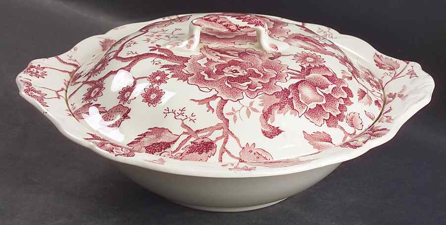 English Chippendale Red Pink Round Covered Vegetable by Johnson Brothers-1