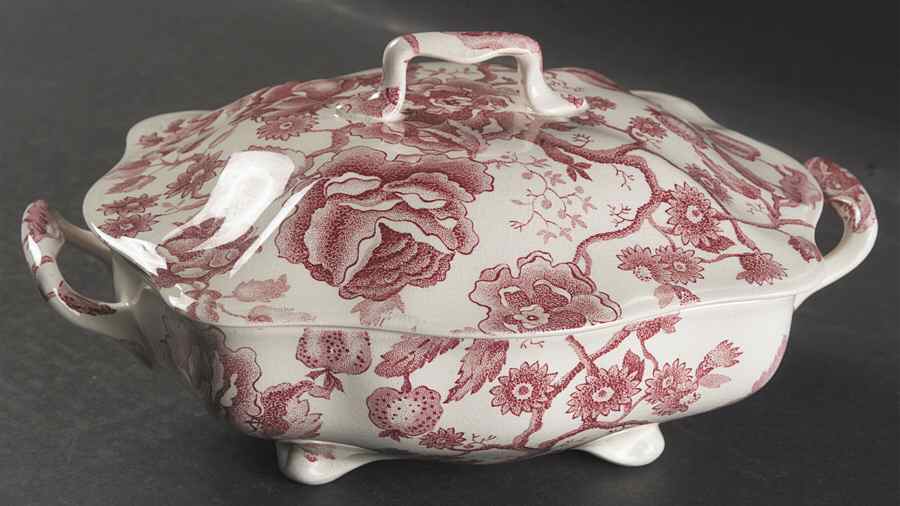 English Chippendale Red Pink Square Covered Vegetable by Johnson Brothers-1