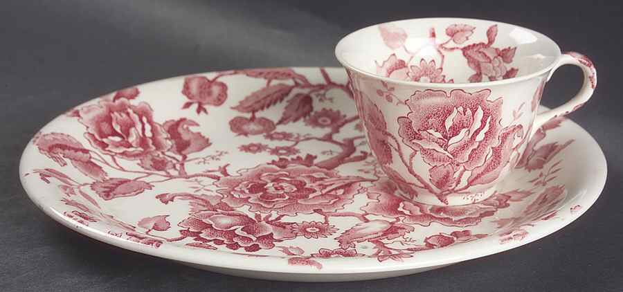 English Chippendale Red Pink Snack Plate & Cup Set by Johnson Brothers-1