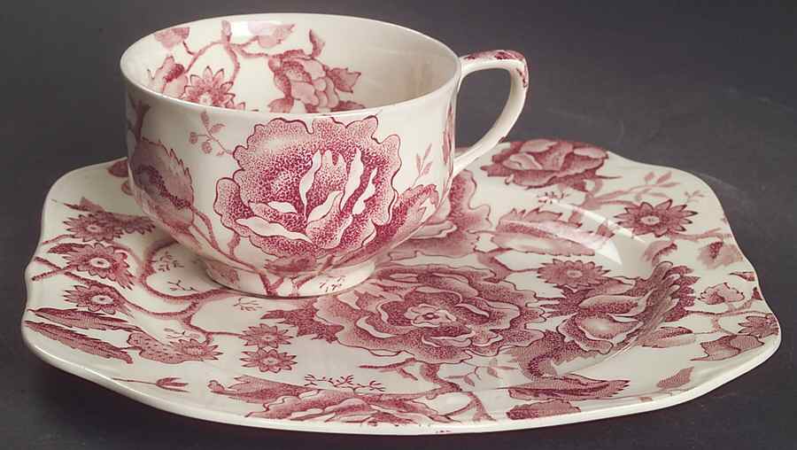English Chippendale Red Pink Snack Plate & Cup Set by Johnson Brothers-1