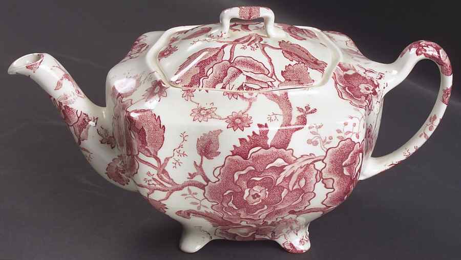 English Chippendale Red Pink Teapot & Lid by Johnson Brothers-1