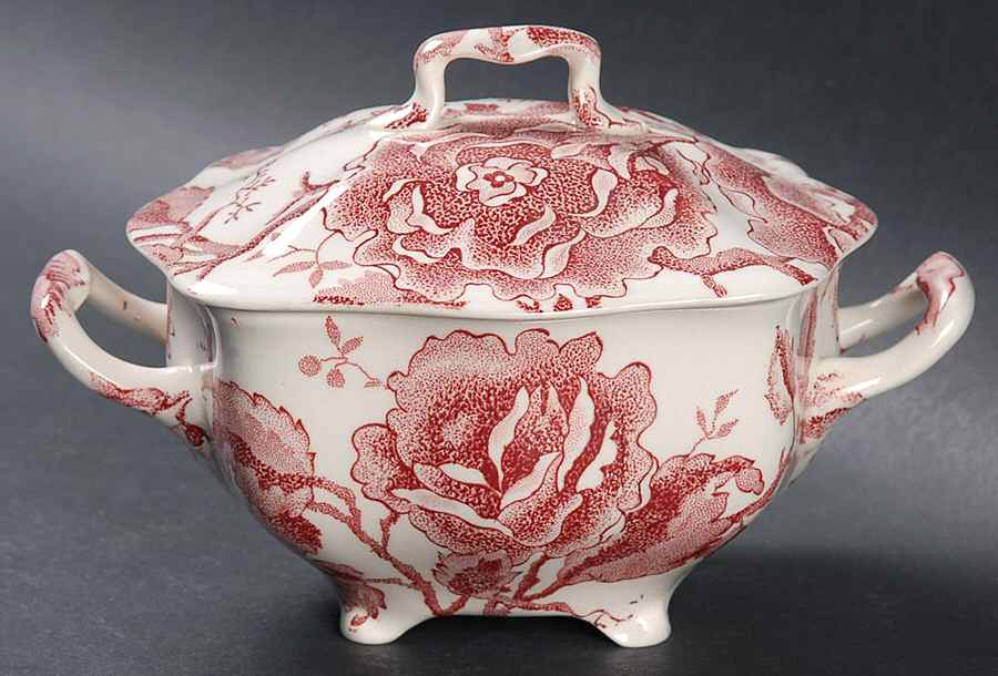 English Chippendale Red Pink Sugar Bowl & Lid by Johnson Brothers-1