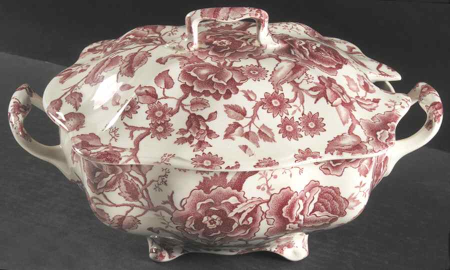 English Chippendale Red Pink Oval Tureen & Lid by Johnson Brothers-1