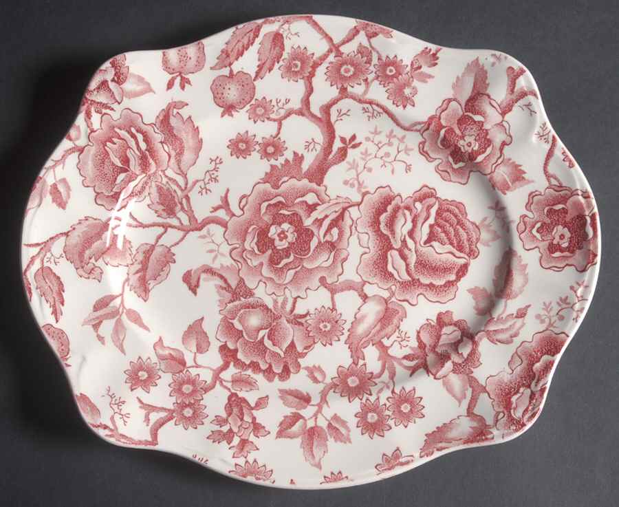 English Chippendale Red Pink 11" Oval Serving Platter by Johnson Brothers-1