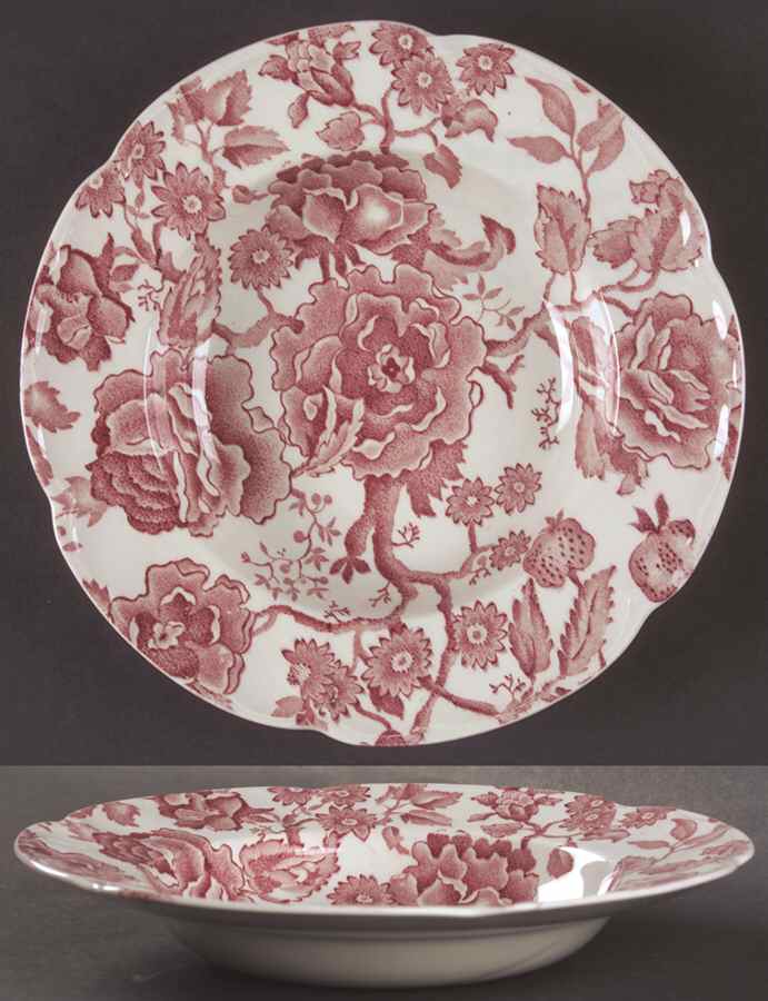 English Chippendale Red Pink Rim Soup Bowl by Johnson Brothers-1