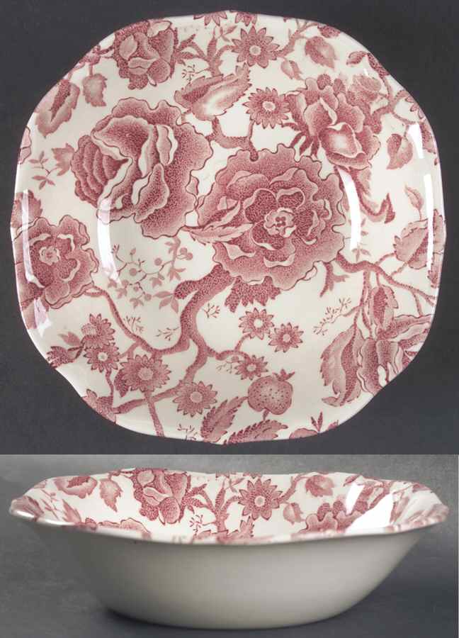 English Chippendale Red Pink Square Soup Bowl by Johnson Brothers-1