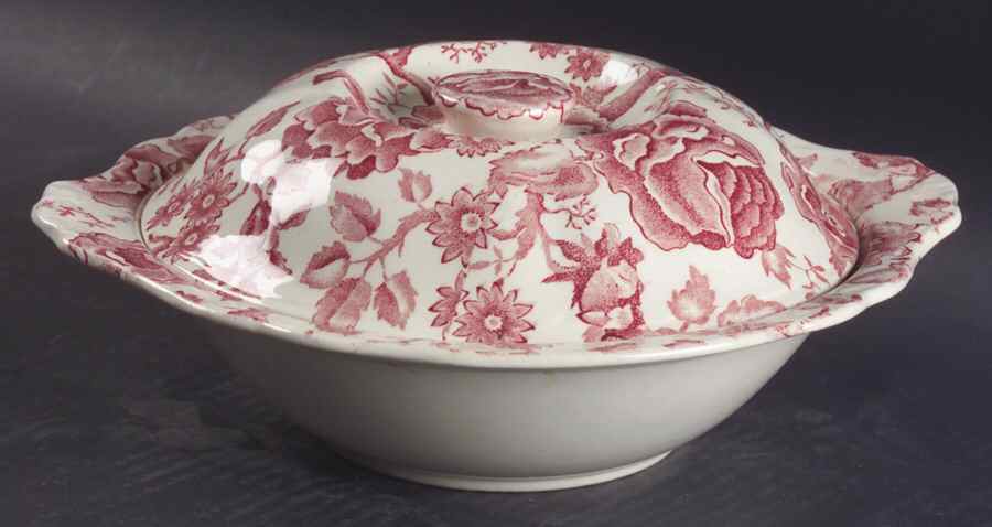 English Chippendale Red Pink Round Covered Vegetable by Johnson Brothers-1
