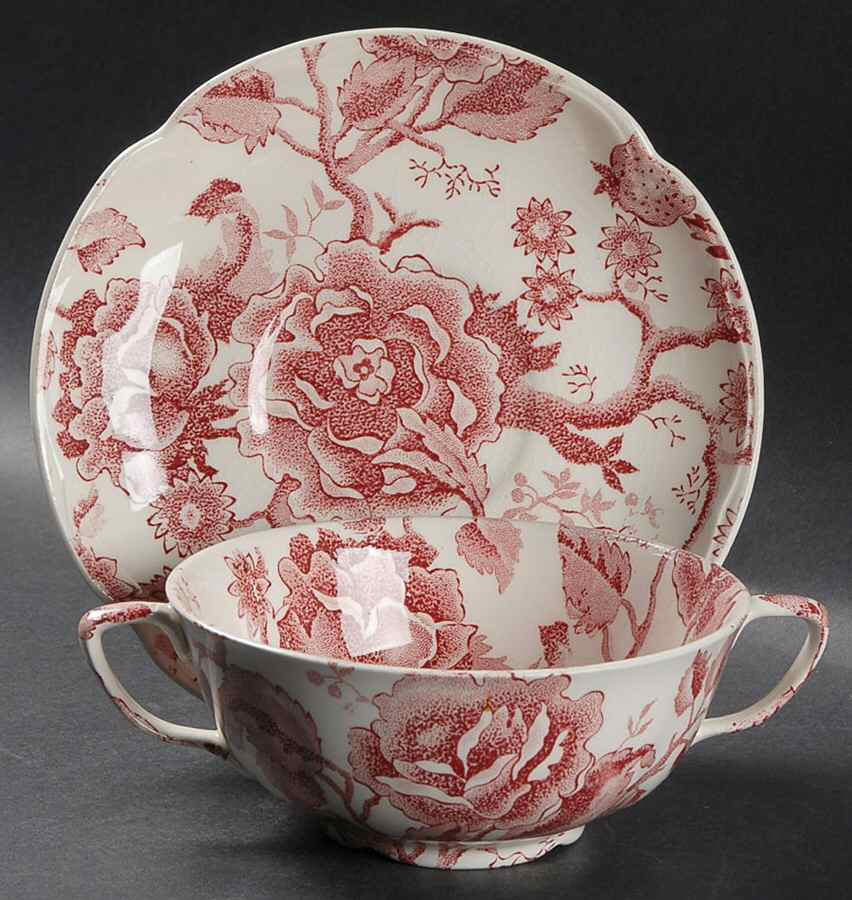 English Chippendale Red Pink Flat Cream Soup Bowl & Saucer Set by Johnson Brothers-1