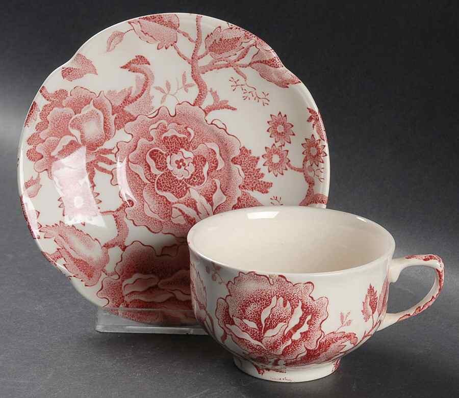 English Chippendale Red Pink Flat Cup & Saucer Set by Johnson Brothers-1
