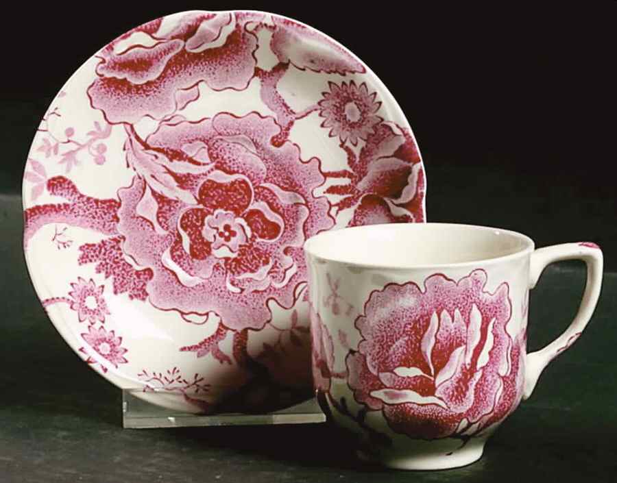 English Chippendale Red Pink Flat Demitasse Cup & Saucer Set by Johnson Brothers-1