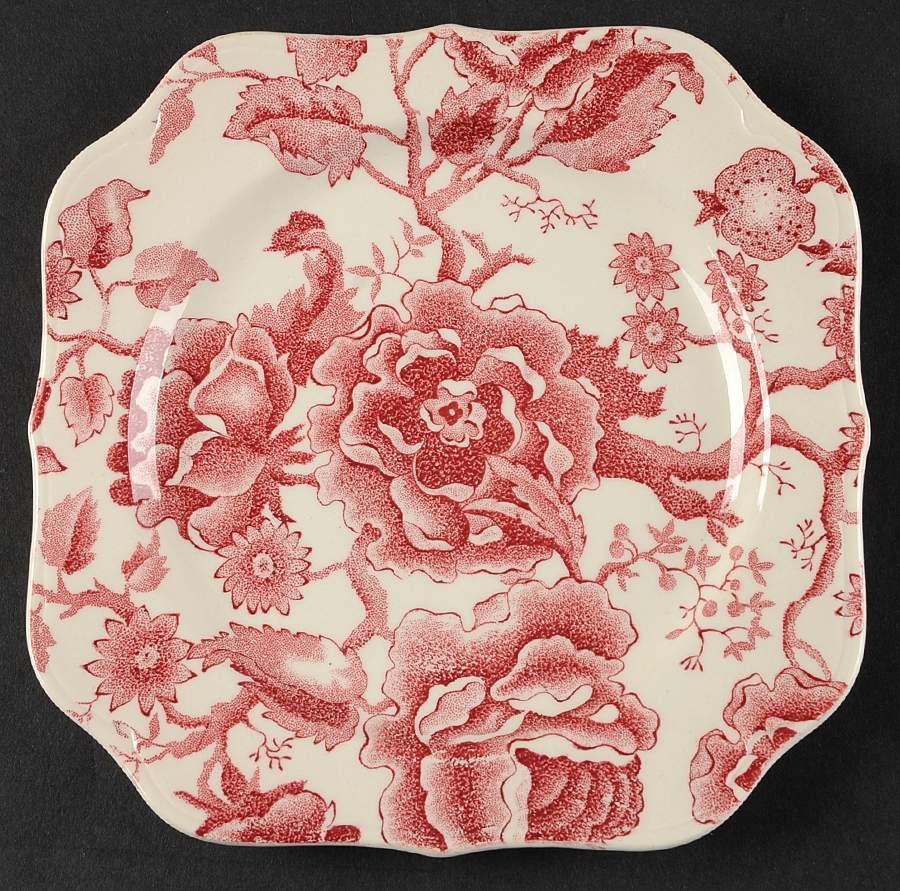 English Chippendale Red Pink Square Dessert Plate by Johnson Brothers-1