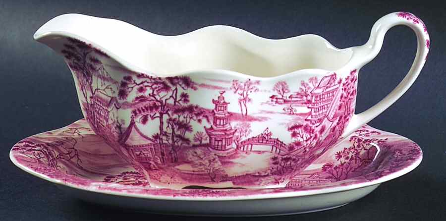 Enchanted Garden Pink Gravy Boat & Underplate/Relish by Johnson Brothers-1