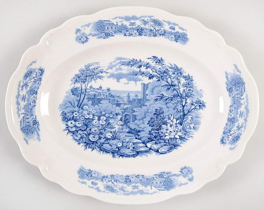 English Gardens Blue (No Blue Band) 14" Oval Serving Platter by Johnson Brothers-1
