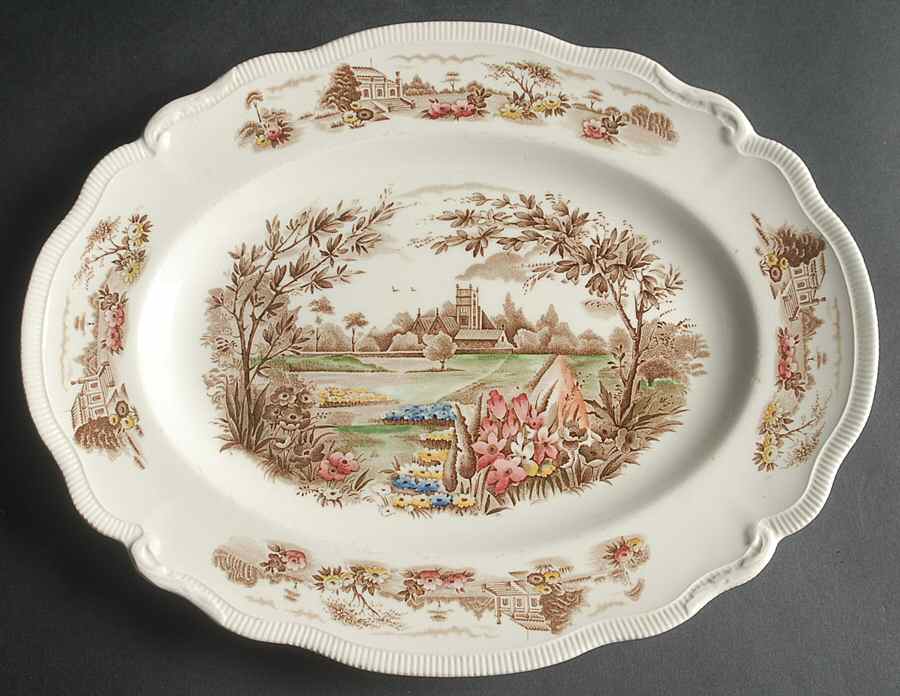 English Gardens Brown Multicolor 12" Oval Serving Platter by Johnson Brothers-1
