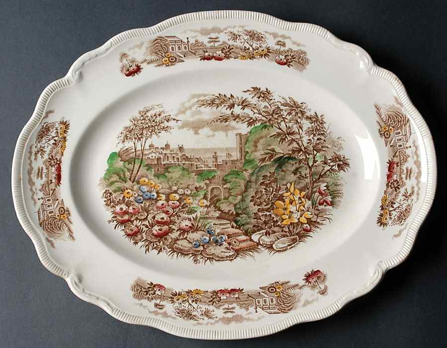 English Gardens Brown Multicolor 14" Oval Serving Platter by Johnson Brothers-1