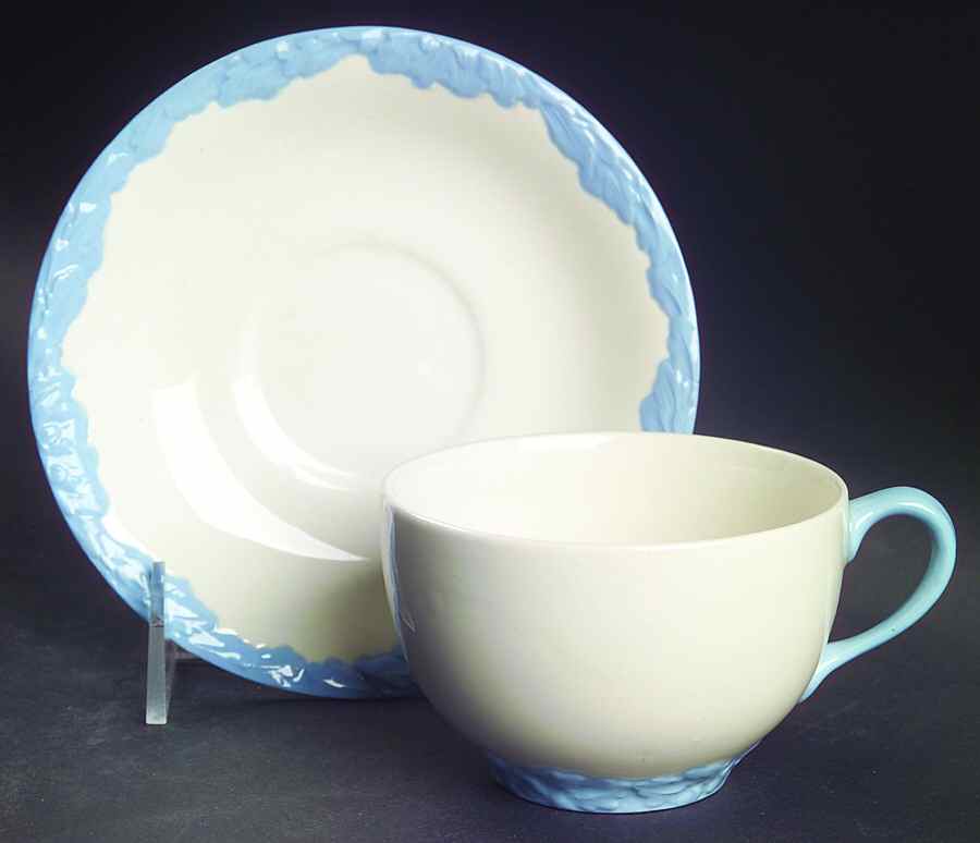 English Oak (Light Blue Embossed Edge) Flat Cup & Saucer Set by Johnson Brothers-1