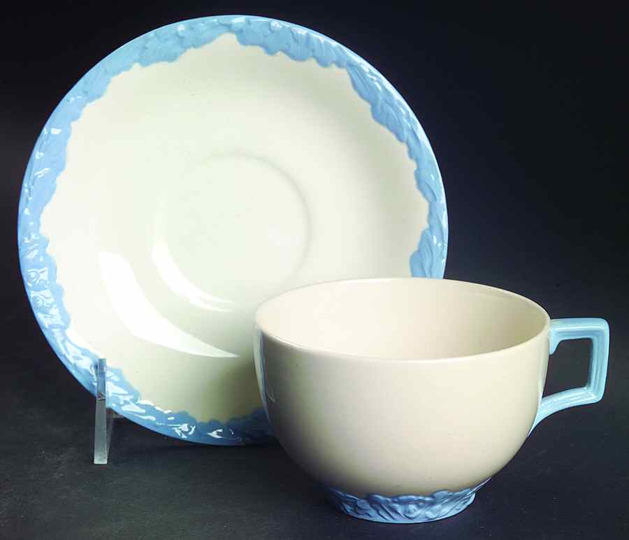 English Oak (Light Blue Embossed Edge) Flat Cup & Saucer Set by Johnson Brothers-1