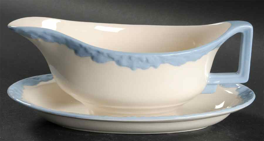 English Oak (Light Blue Embossed Edge) Gravy Boat & Underplate by Johnson Brothers-1