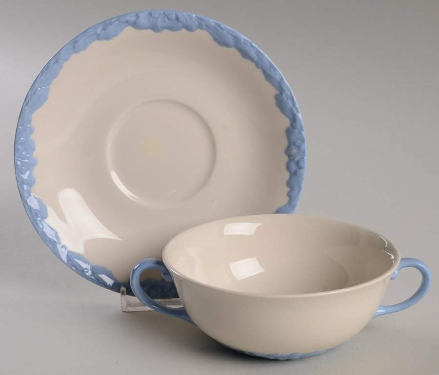 English Oak (Light Blue Embossed Edge) Flat Cream Soup Bowl & Saucer Set by Johnson Brothers-1