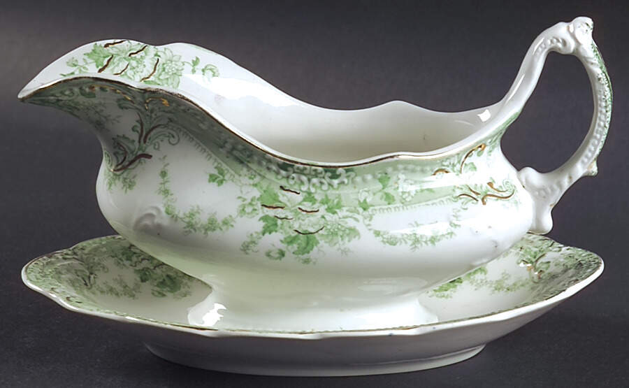 The Florentine Green (Gold Trim) Gravy Boat & Underplate/Relish by Johnson Brothers-1